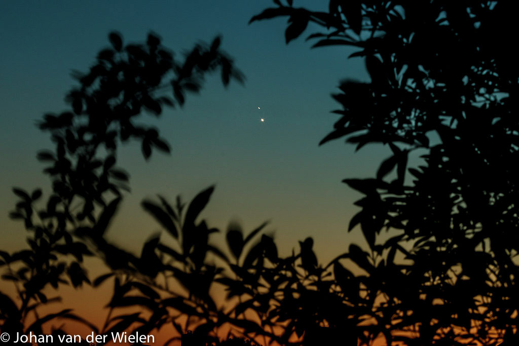 Op 30 juni 2015 stonden de planeten Jupiter en Venus zeer dicht bij elkaar en waren vlak na zonsondergang goed waar te nemen. Hier is gebruik gemaakt van de laatste kleuren in de avondlucht en boombladeren als kadering in het beeld.