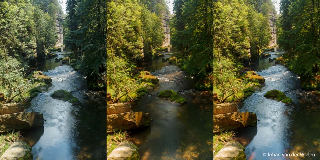 Soms kan het gewoon niet: links zonder CPL filter, in het midden de filter gebruikt maar nu geen mooi water meer daarom (rechts) samengevoegd met photoshop.