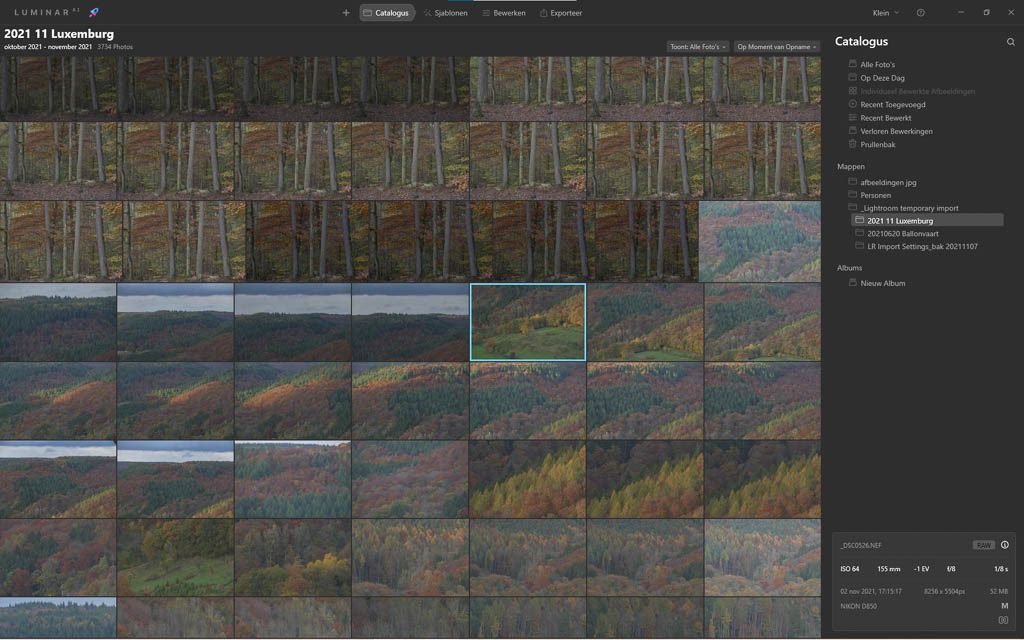 Het Grid van Luminar AI. In deze weergave worden de foto's het kleinst afgebeeld.
