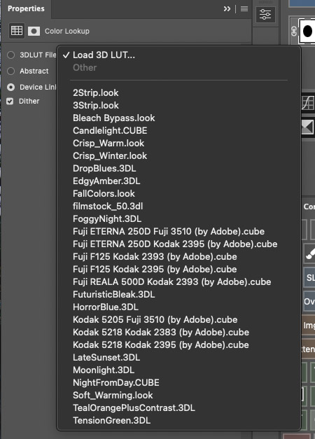 Zwak Licht kleuropzoek: enkel tientallen tabellen zijn standaard al in Photoshop beschikbaar, probeer alle drie de dropdown-menu’s!